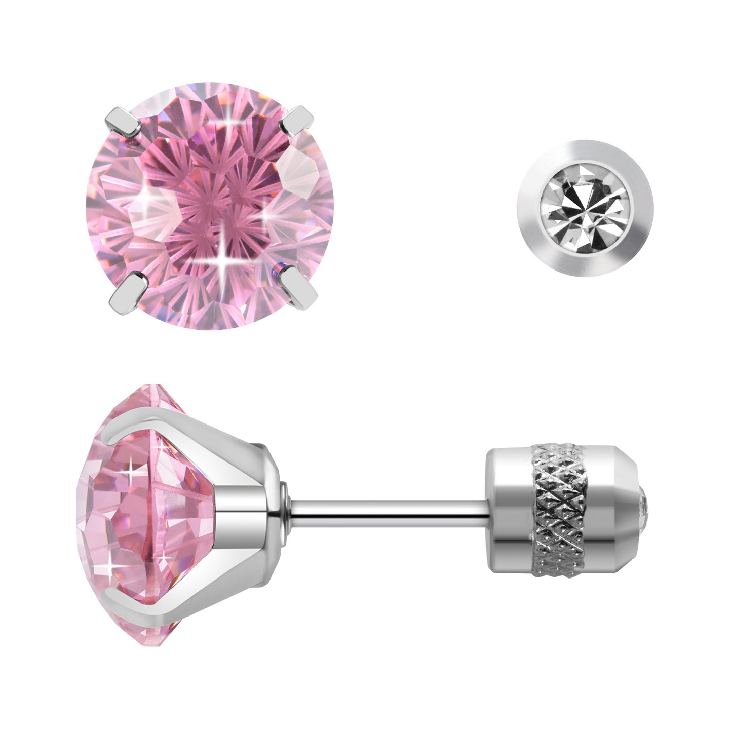 Firework-cut  Zirconia Stud Earrings G23 Titanium  AAAA + Cubic Zircon Suitable for Sensitive Ears Pink