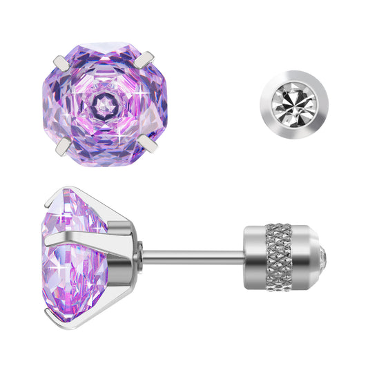 Rose-cut Zirconia Stud Earrings G23 Titanium  AAAA + Cubic Zircon Suitable for sensitive ears Purple