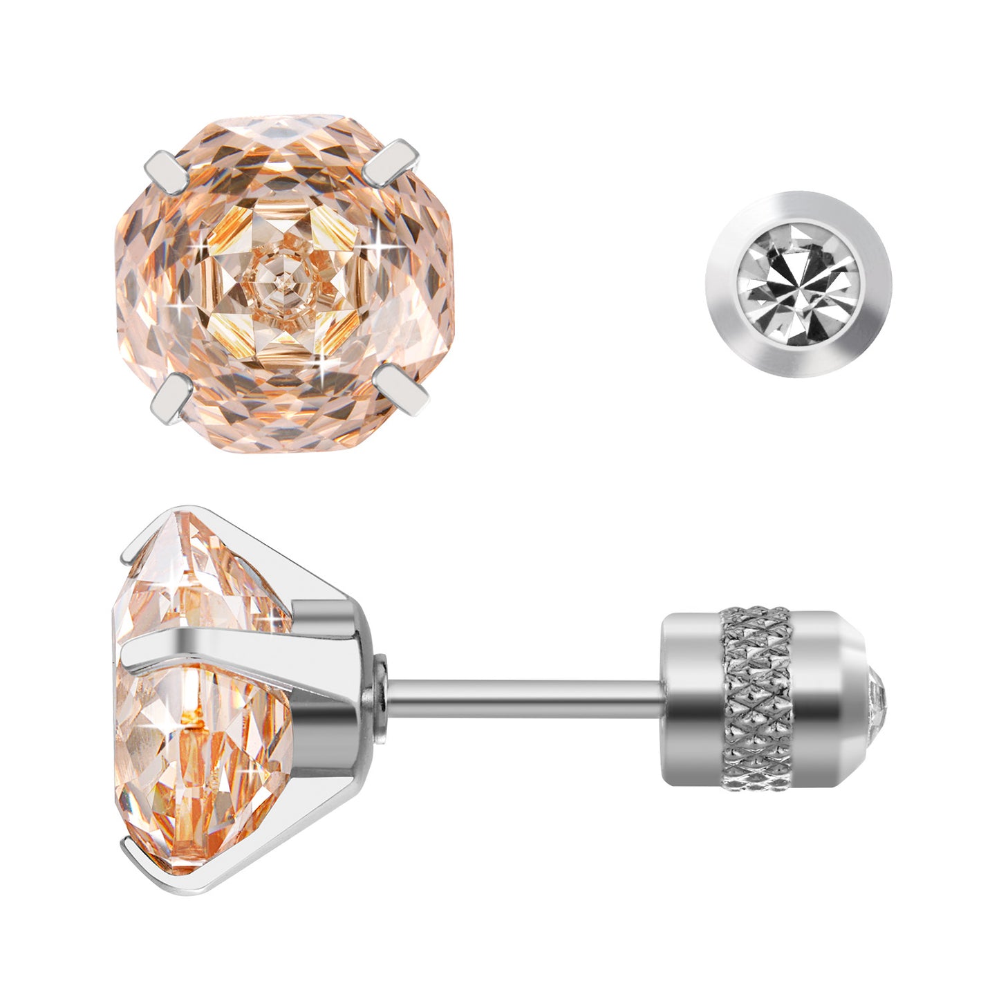 Rose-cut Zirconia Stud Earrings G23 Titanium  AAAA + Cubic Zircon Suitable for sensitive ears Champagne