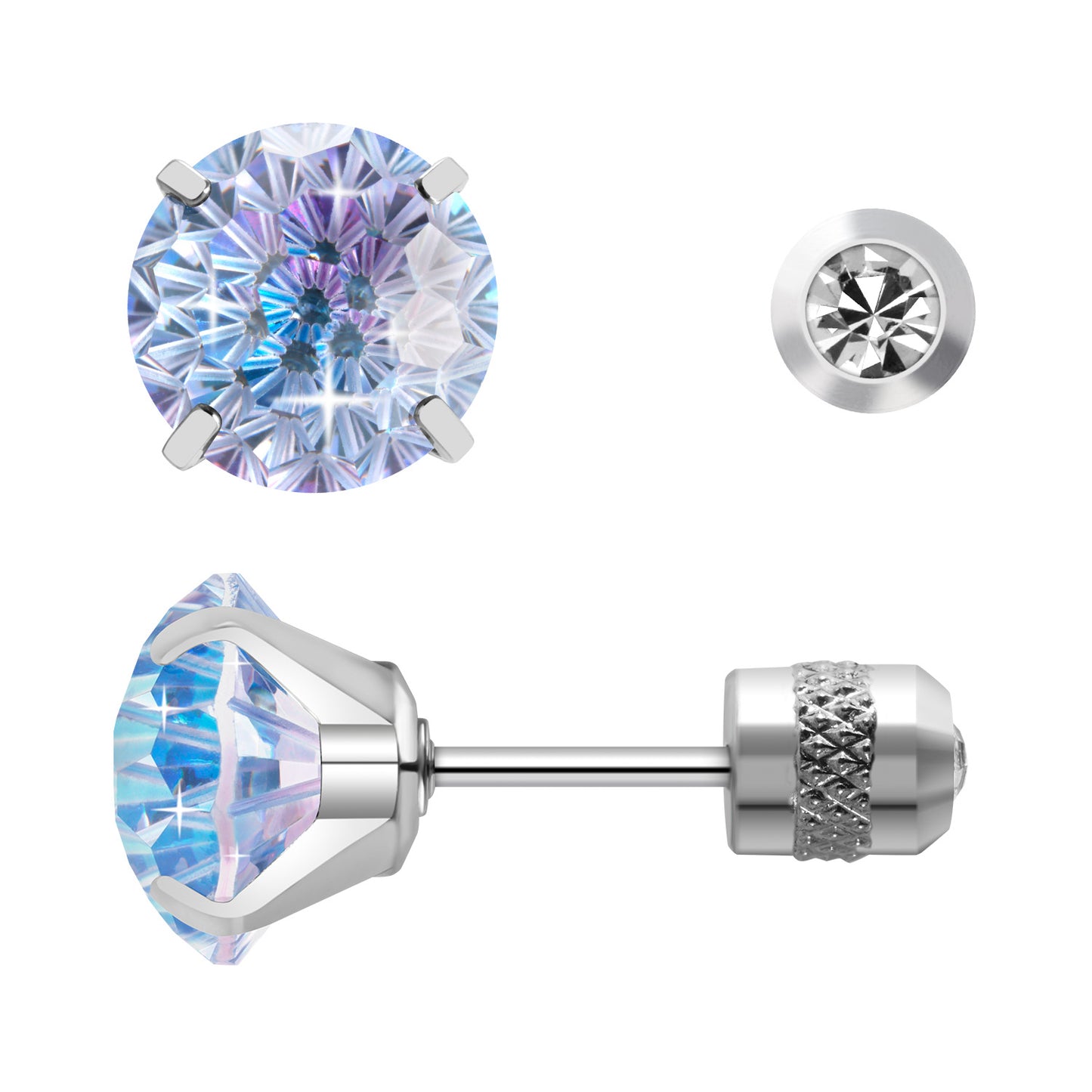 Firework-cut  Zirconia Stud Earrings G23 Titanium  AAAA + Cubic Zircon Suitable for Sensitive Ears Blue