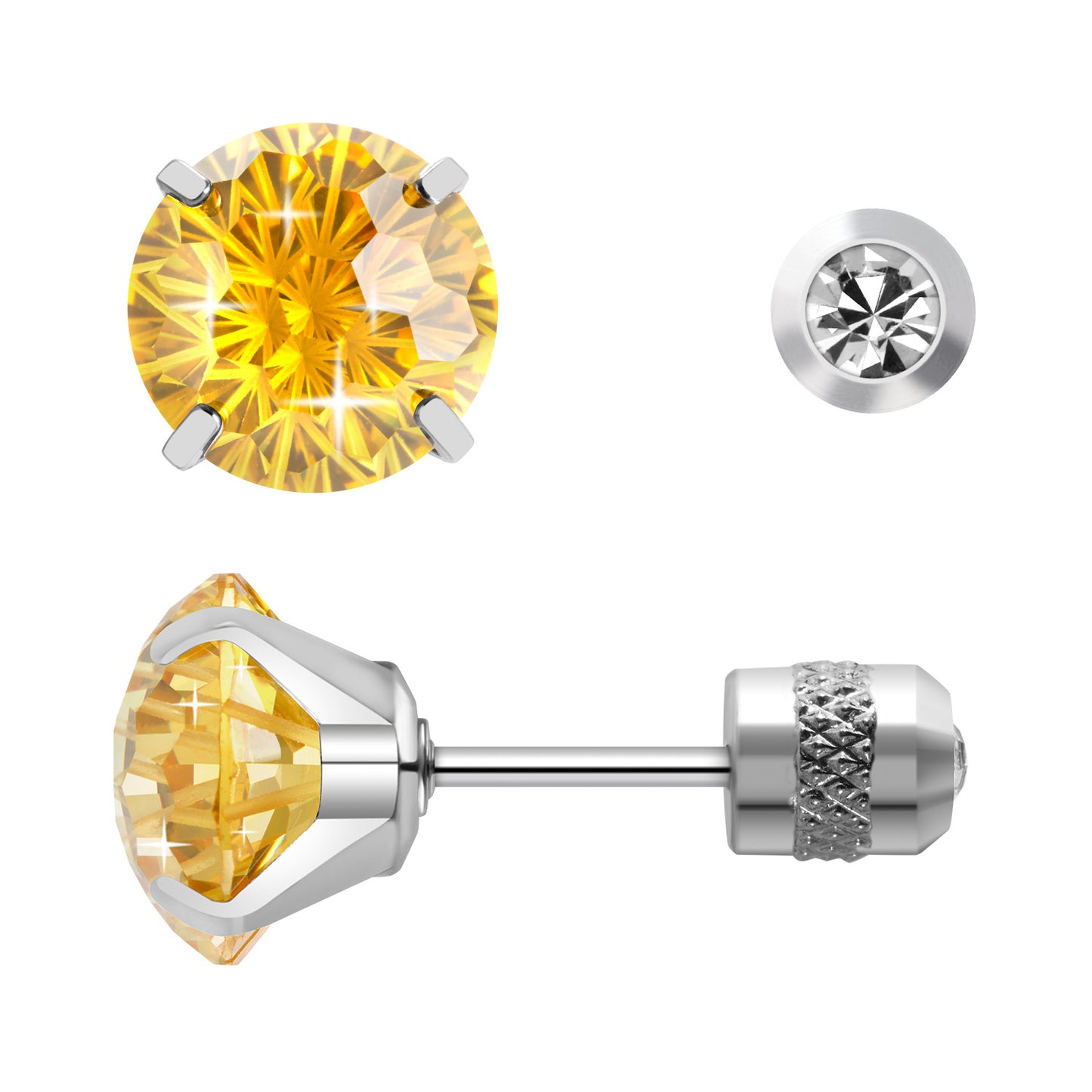 Firework-cut  Zirconia Stud Earrings G23 Titanium  AAAA + Cubic Zircon Suitable for Sensitive Ears Yellow
