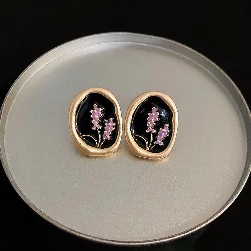 Vintage Floral Oil Painting Earrings - Antique Artistic Jewelry with Genuine Gold-Plated Silver Hooks - Exquisite Gift