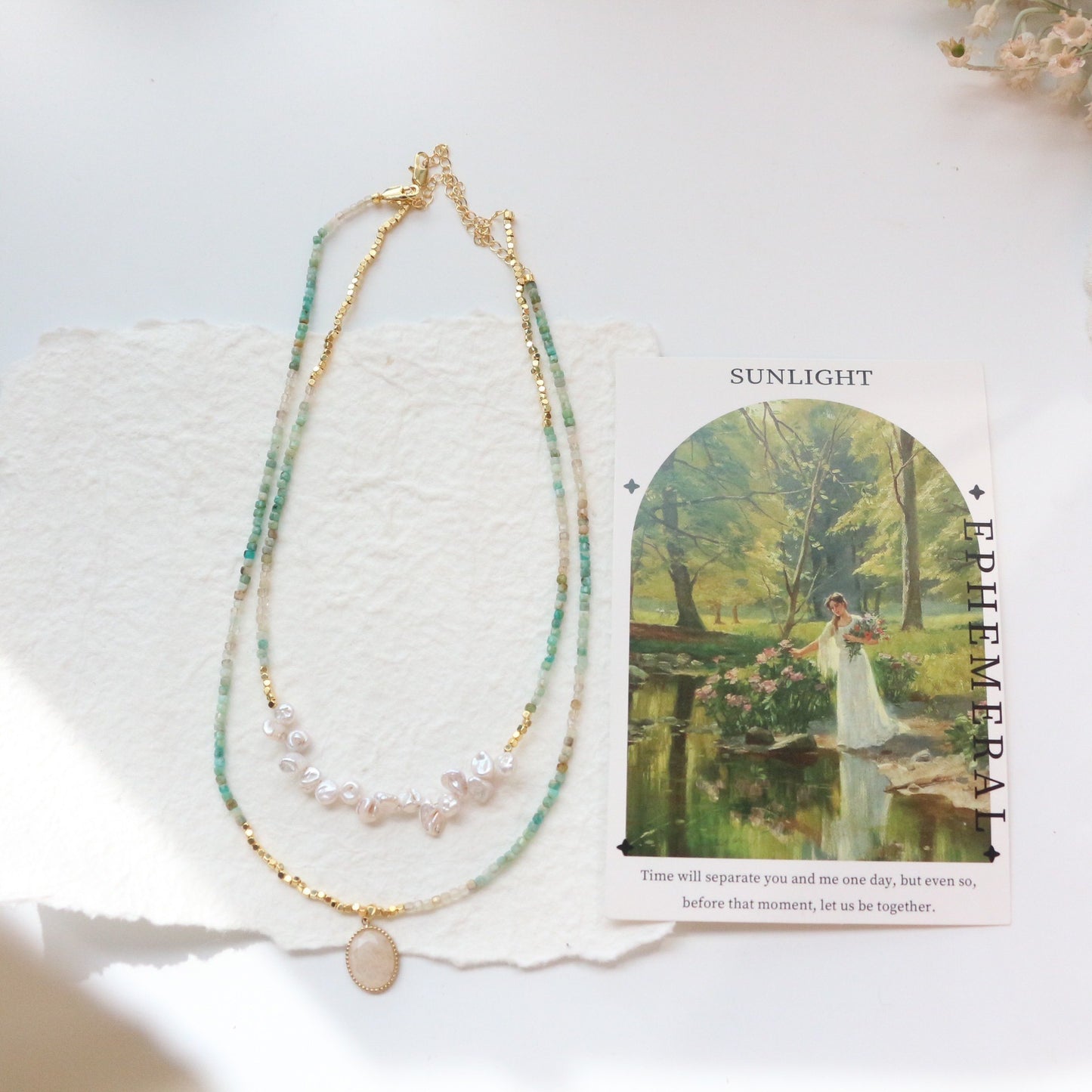 Handcrafted 18k Gold Necklace with Green Natural Stone and Pearls