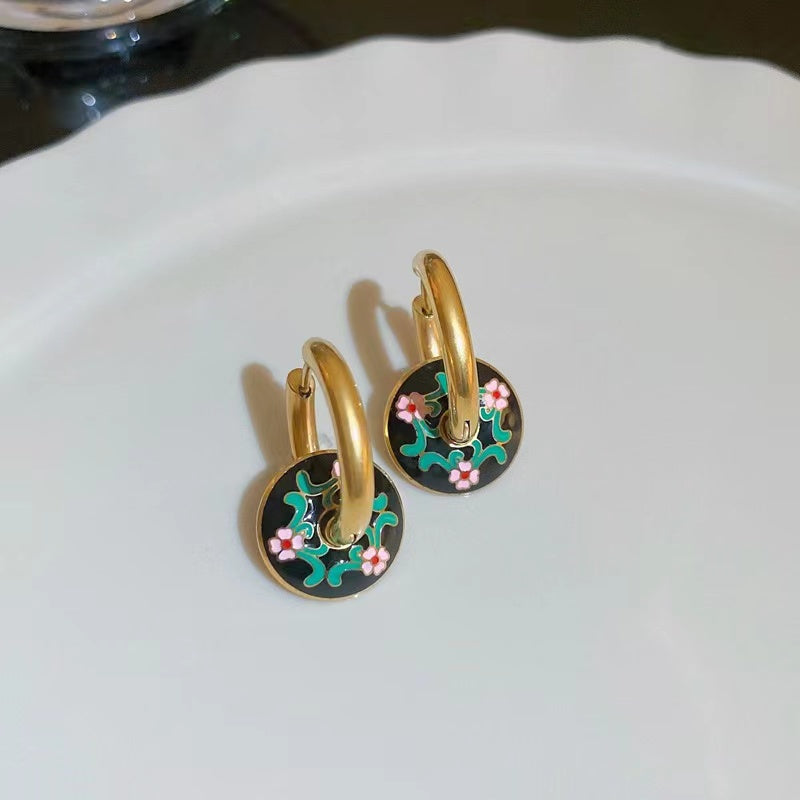 Pendientes vintage con pintura al óleo floral bañados en oro negro y verde