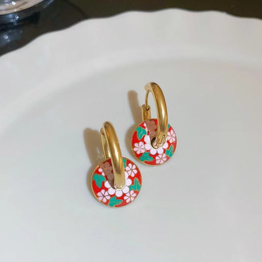 Vintage Floral Oil Painting Earrings Gold-Plated Red