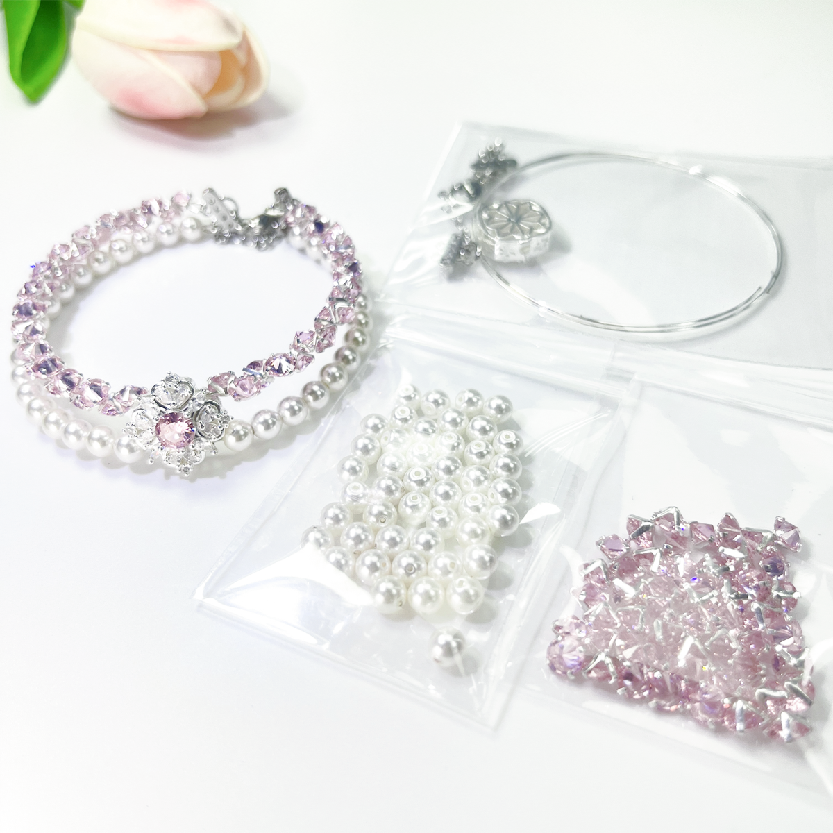OneMillet   Kit-M26 Pearl and Pink Reverse Zircon Handmade Bracelet DIY Kit