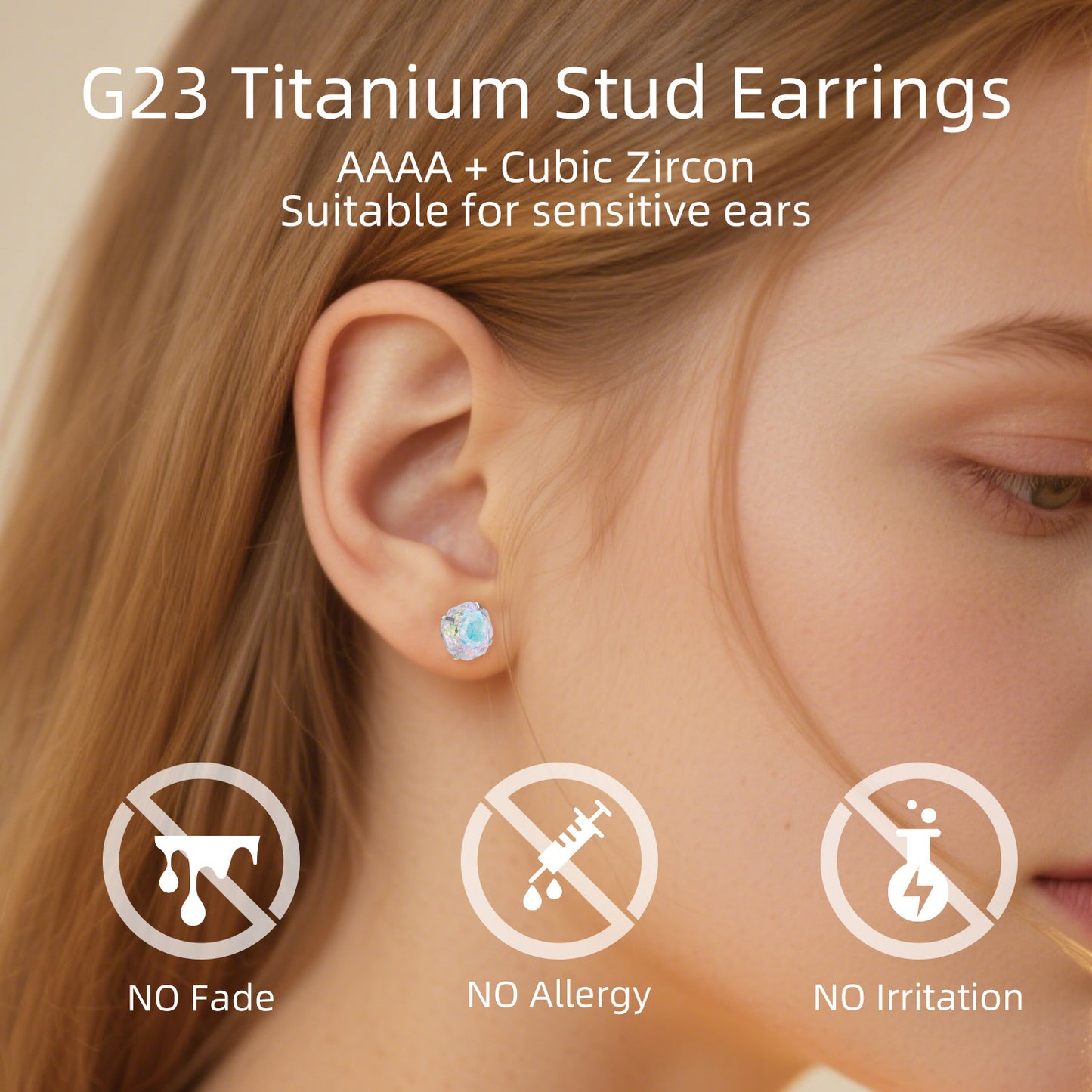 Rose-cut Zirconia Stud Earrings G23 Titanium  AAAA + Cubic Zircon Suitable for sensitive ears Champagne