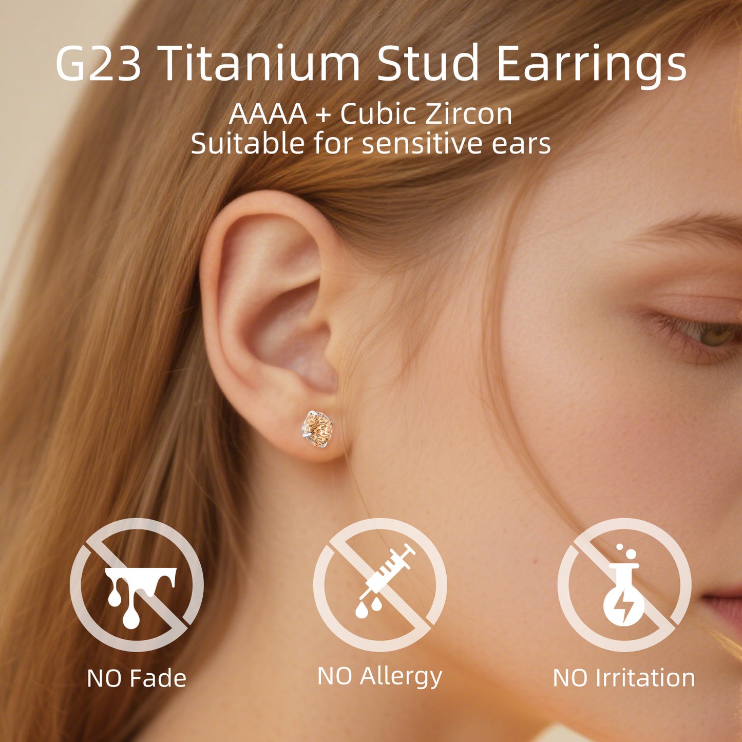 Firework-cut  Zirconia Stud Earrings G23 Titanium  AAAA + Cubic Zircon Suitable for Sensitive Ears Light Yellow