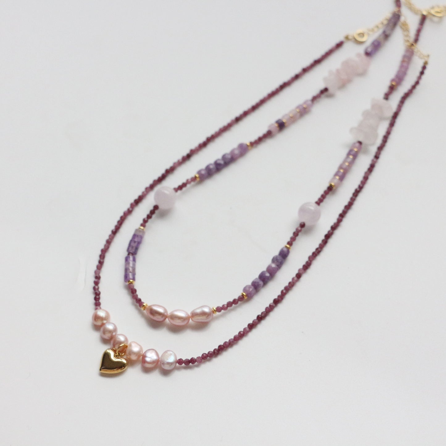 Amethyst Gemstone Pearl Beaded Handmade 18k Gold Necklace