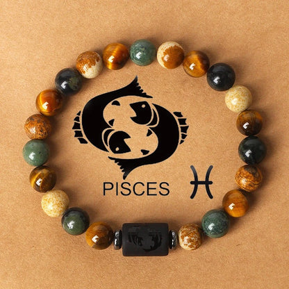 Natural Stone Beaded Bracelet with 12 Zodiac Tiger Eye Stones