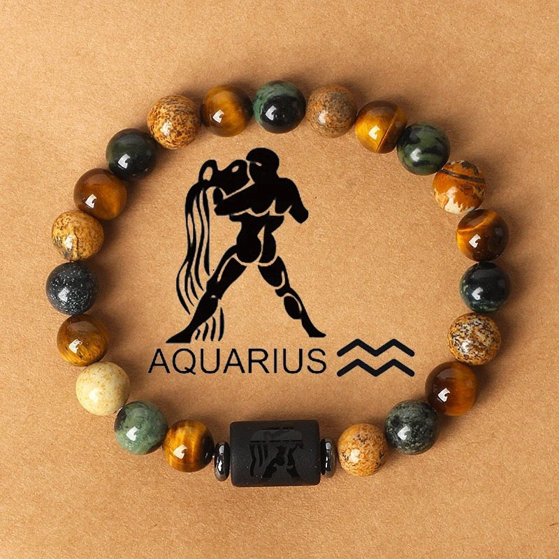 Natural Stone Beaded Bracelet with 12 Zodiac Tiger Eye Stones