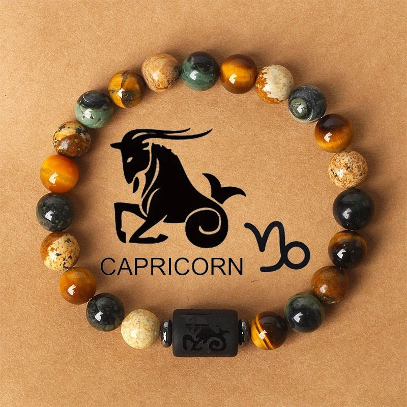 Natural Stone Beaded Bracelet with 12 Zodiac Tiger Eye Stones