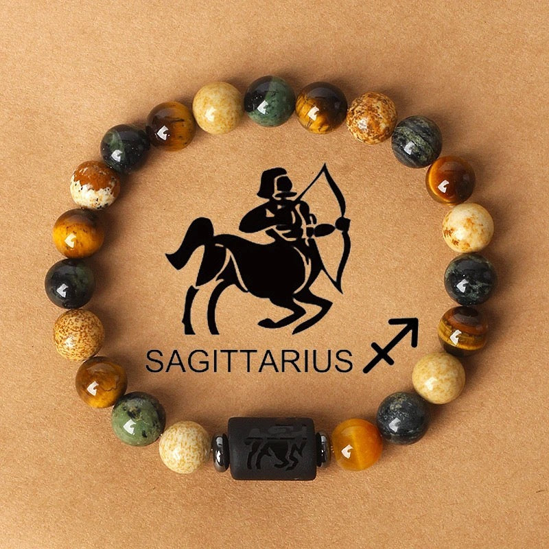 Natural Stone Beaded Bracelet with 12 Zodiac Tiger Eye Stones