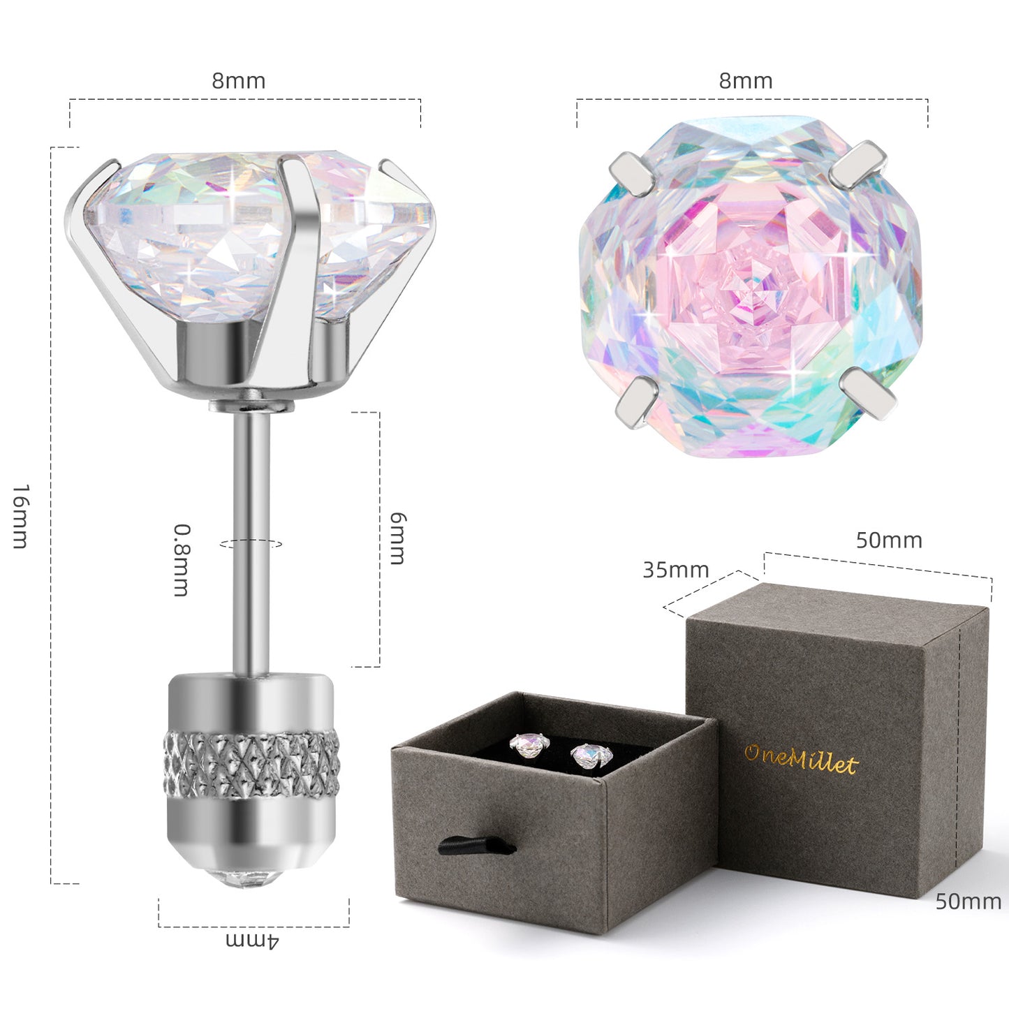 Rose-cut Zirconia Stud Earrings G23 Titanium  AAAA + Cubic Zircon Suitable for sensitive ears