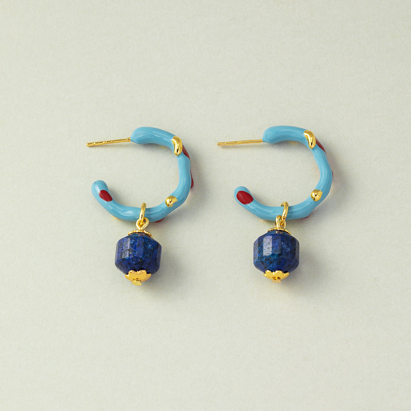 Natural Lapis Lazuli Earrings with Coral and Enamel Accents