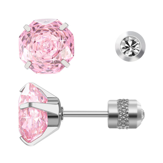 Rose-cut Zirconia Stud Earrings G23 Titanium  AAAA + Cubic Zircon Suitable for sensitive ears Pink