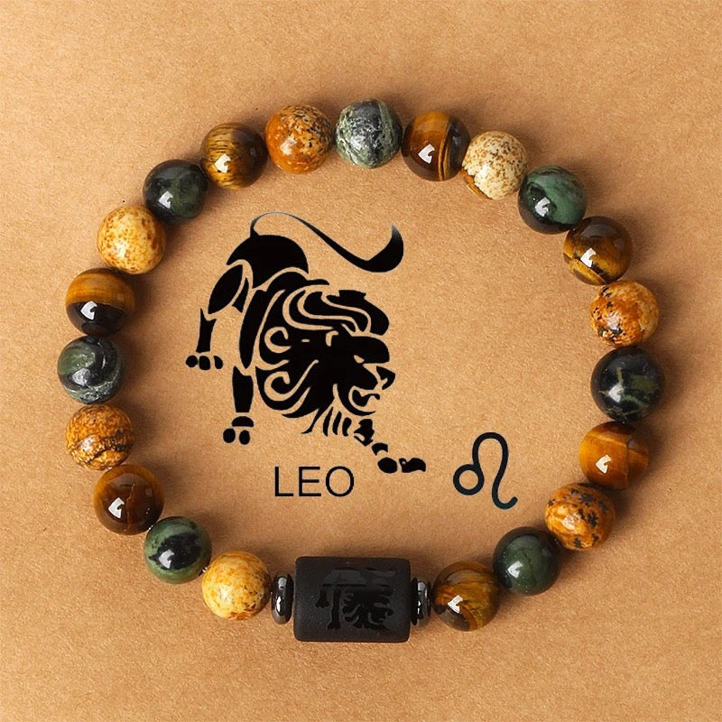 Natural Stone Beaded Bracelet with 12 Zodiac Tiger Eye Stones