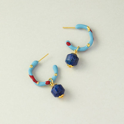 Natural Lapis Lazuli Earrings with Coral and Enamel Accents