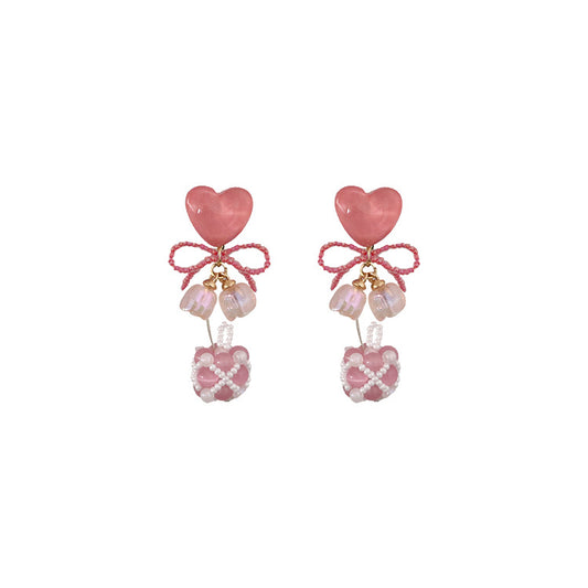 Pink Heart Cat's Eye Pearl Adorable Beaded Earrings Sterling Silver