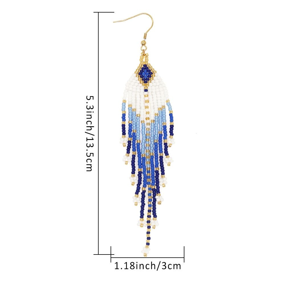 Blue Dangling Seed Bead Handmade Tassel Earrings - Perfect for Vacation