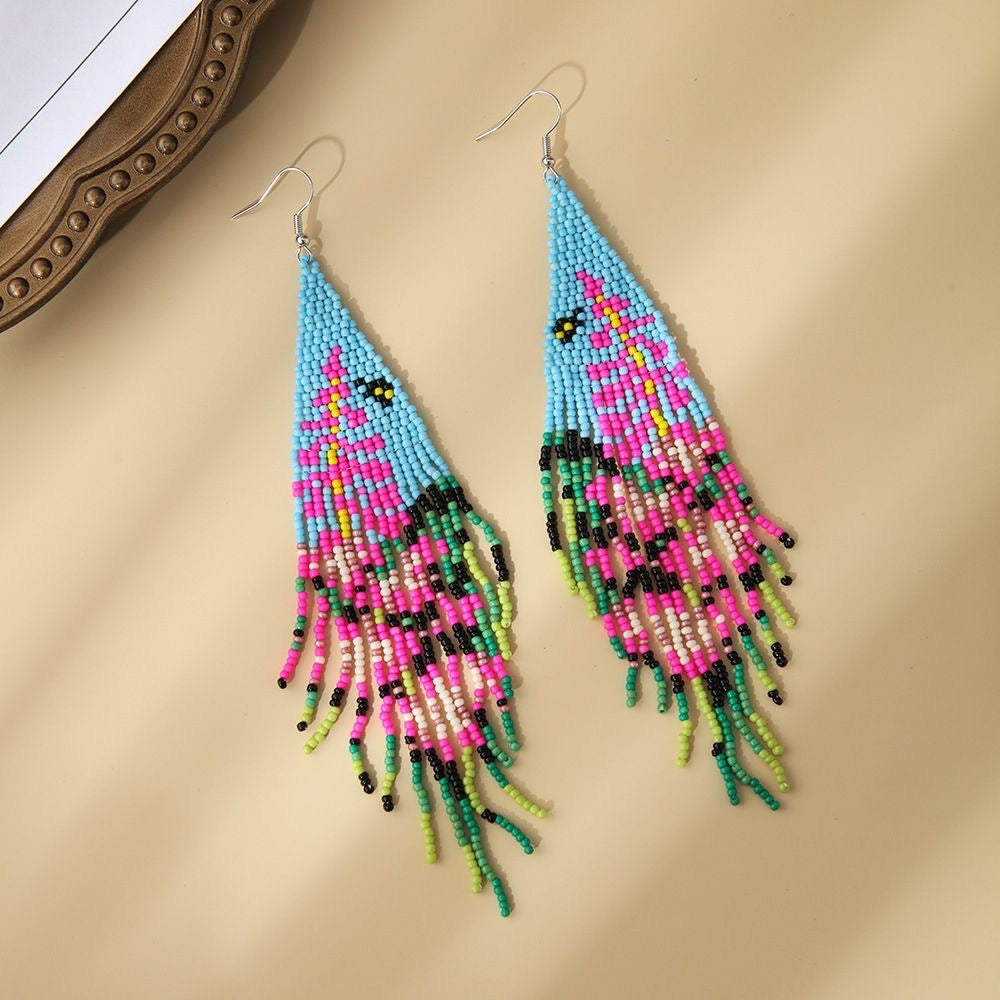 Colorful Floral Vacation Tassel Handmade Beaded Earrings