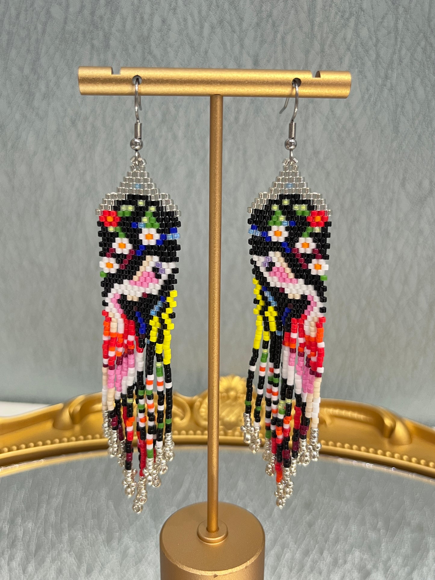 Colorful Portrait Vintage Boho Earrings  Dangling Earrings Seed Bead Handmade Tassel Earrings