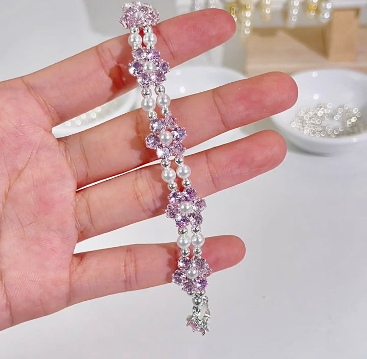 Pulsera de aguamarina y perla hecha a mano