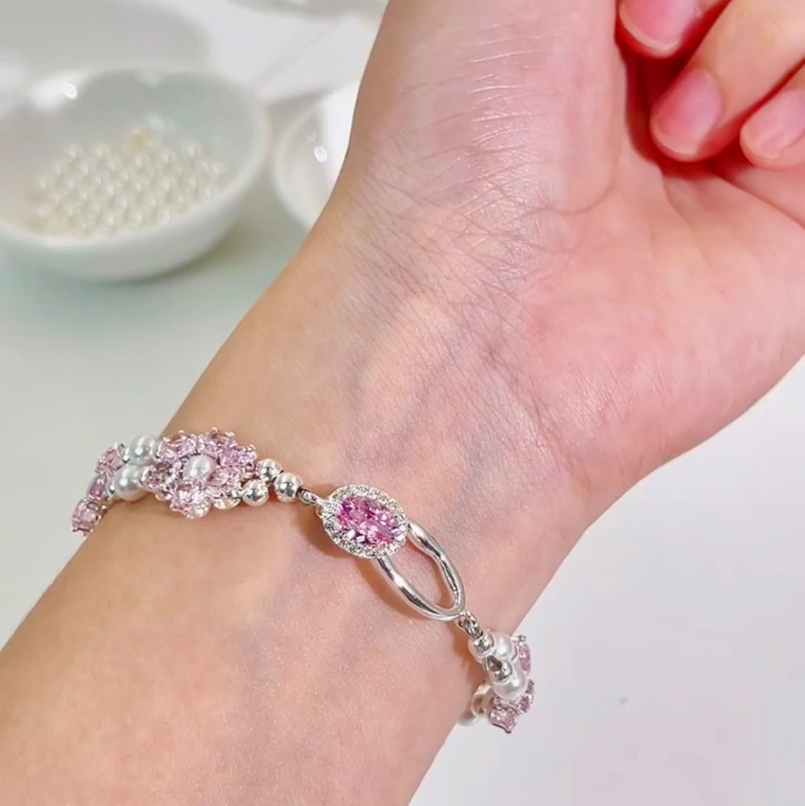 Pulsera de aguamarina y perla hecha a mano