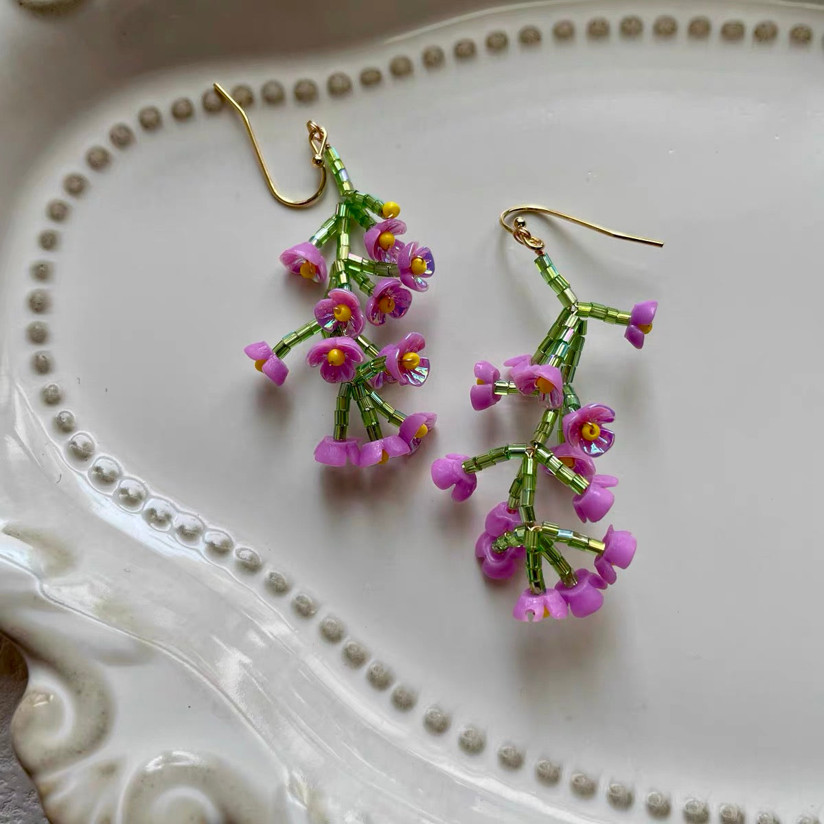 Handmade Beaded Earrings  Floral  Earrings Purple