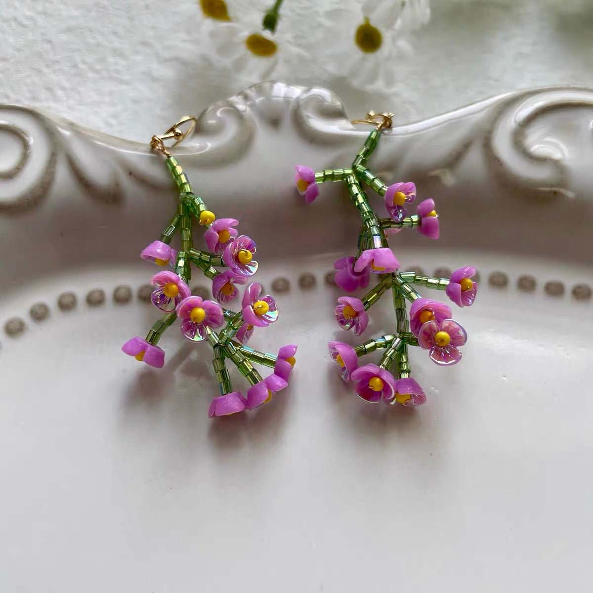 Handmade Beaded Earrings  Floral  Earrings Purple