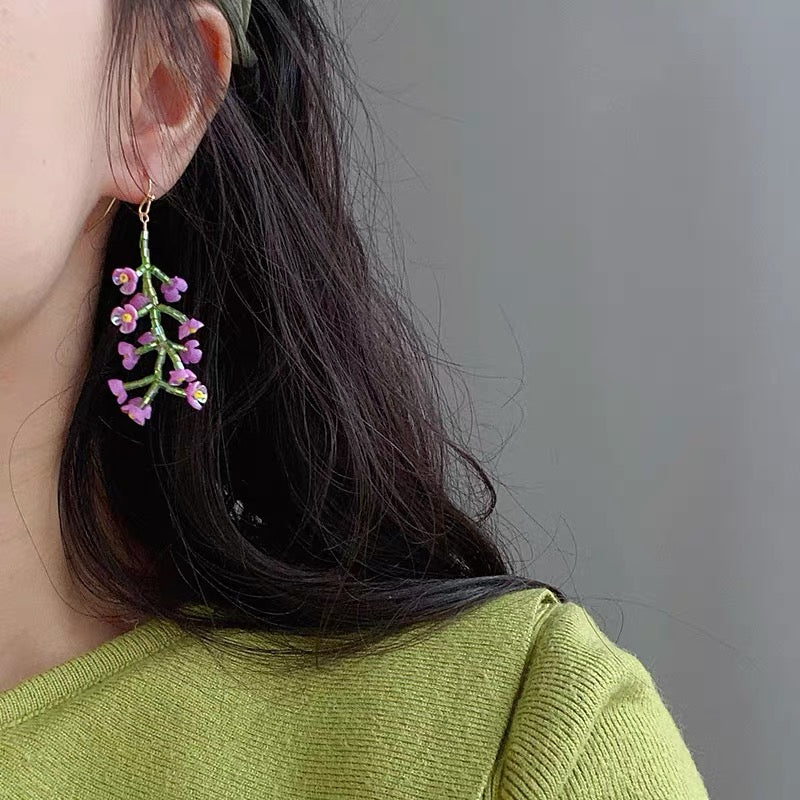 Handmade Beaded Earrings  Floral  Earrings Purple