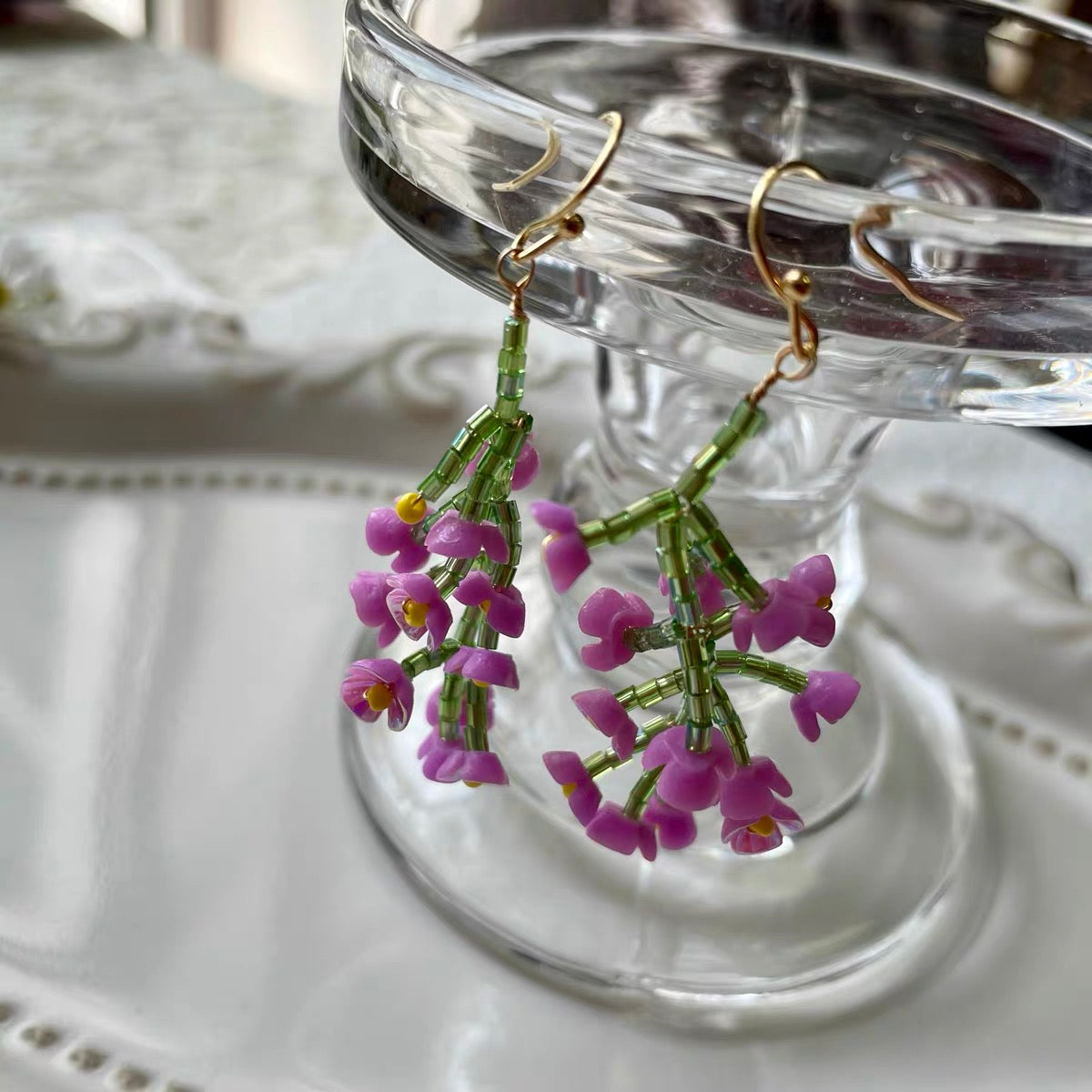 Handmade Beaded Earrings  Floral  Earrings Purple