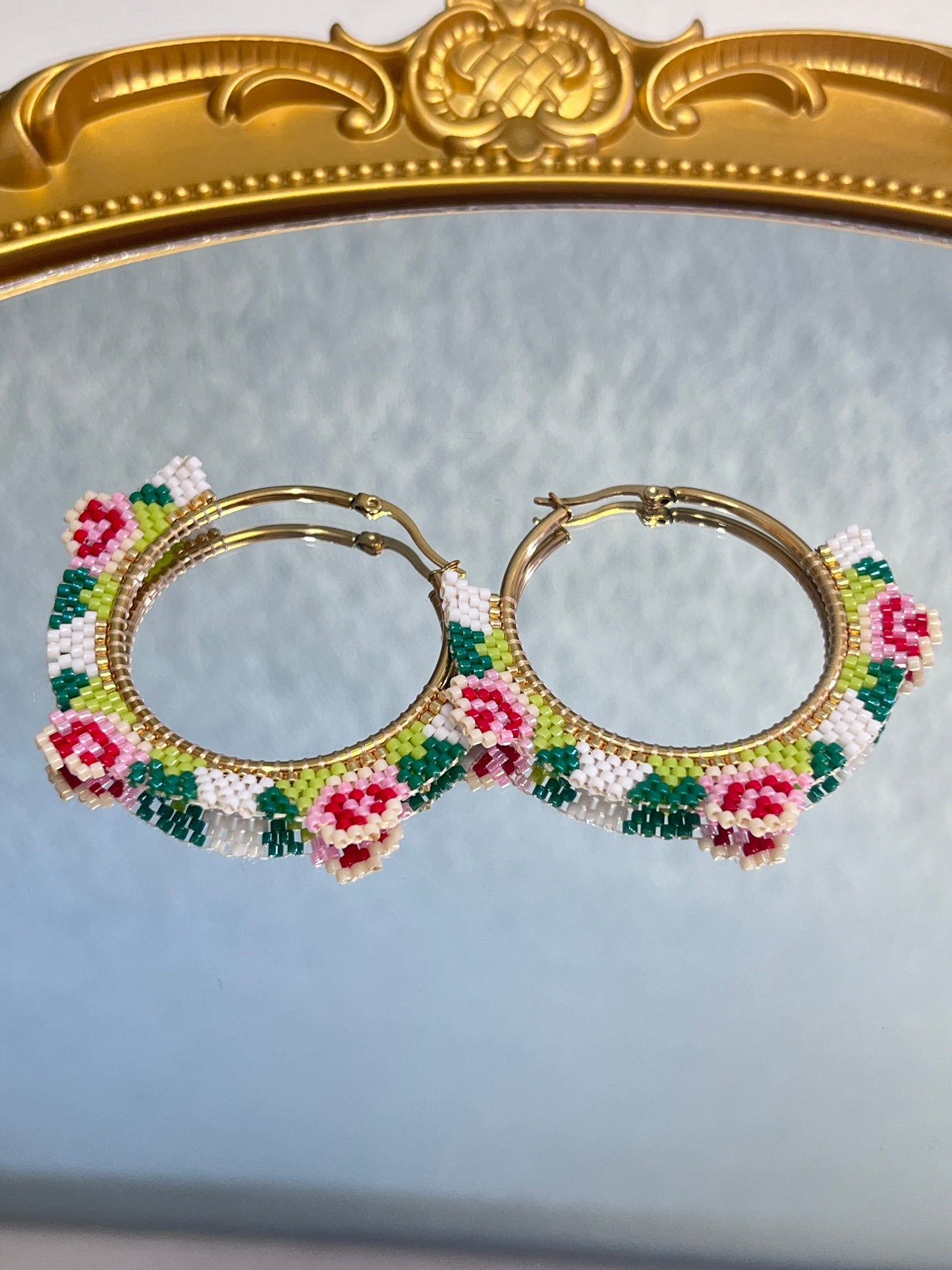 Handmade Beaded Earrings Hoop Floral Drop Earrings