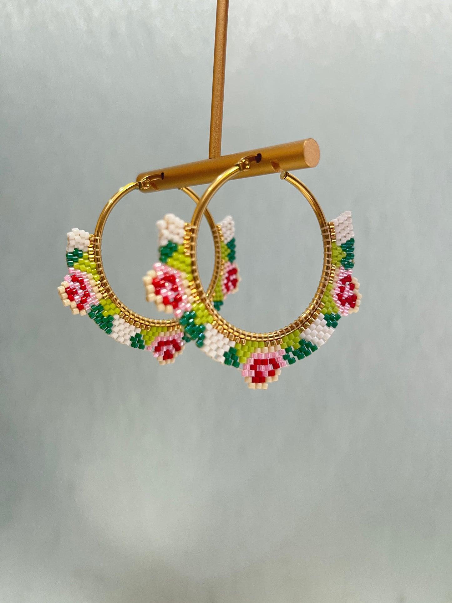 Handmade Beaded Earrings Hoop Floral Drop Earrings