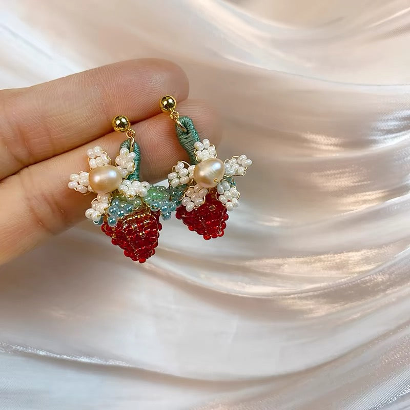 Handmade Beaded Earrings Pearl Strawberry Red Studs