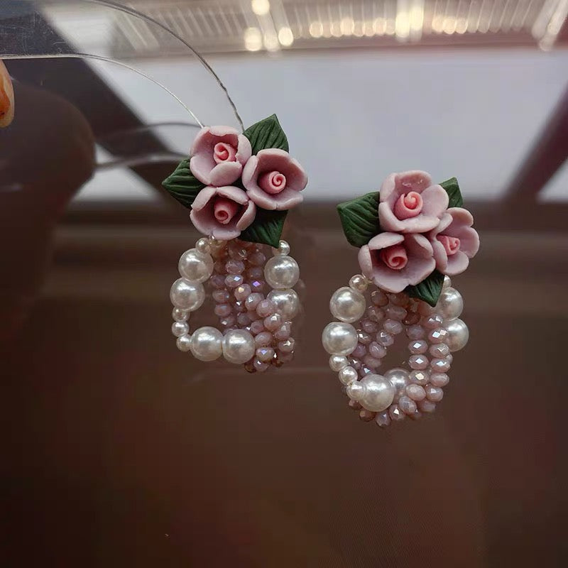 Handmade Beaded Purple Floral Pearl Earrings