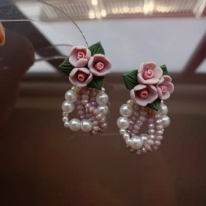 Handmade Beaded Purple Floral Pearl Earrings