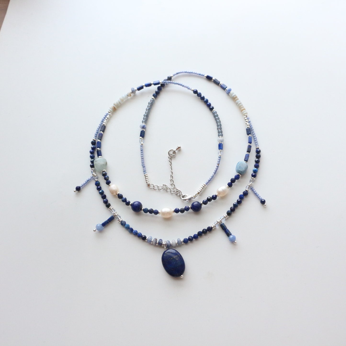 Handmade Double-Layer Beaded Necklace with Natural Lapis Lazuli and Freshwater Pearls