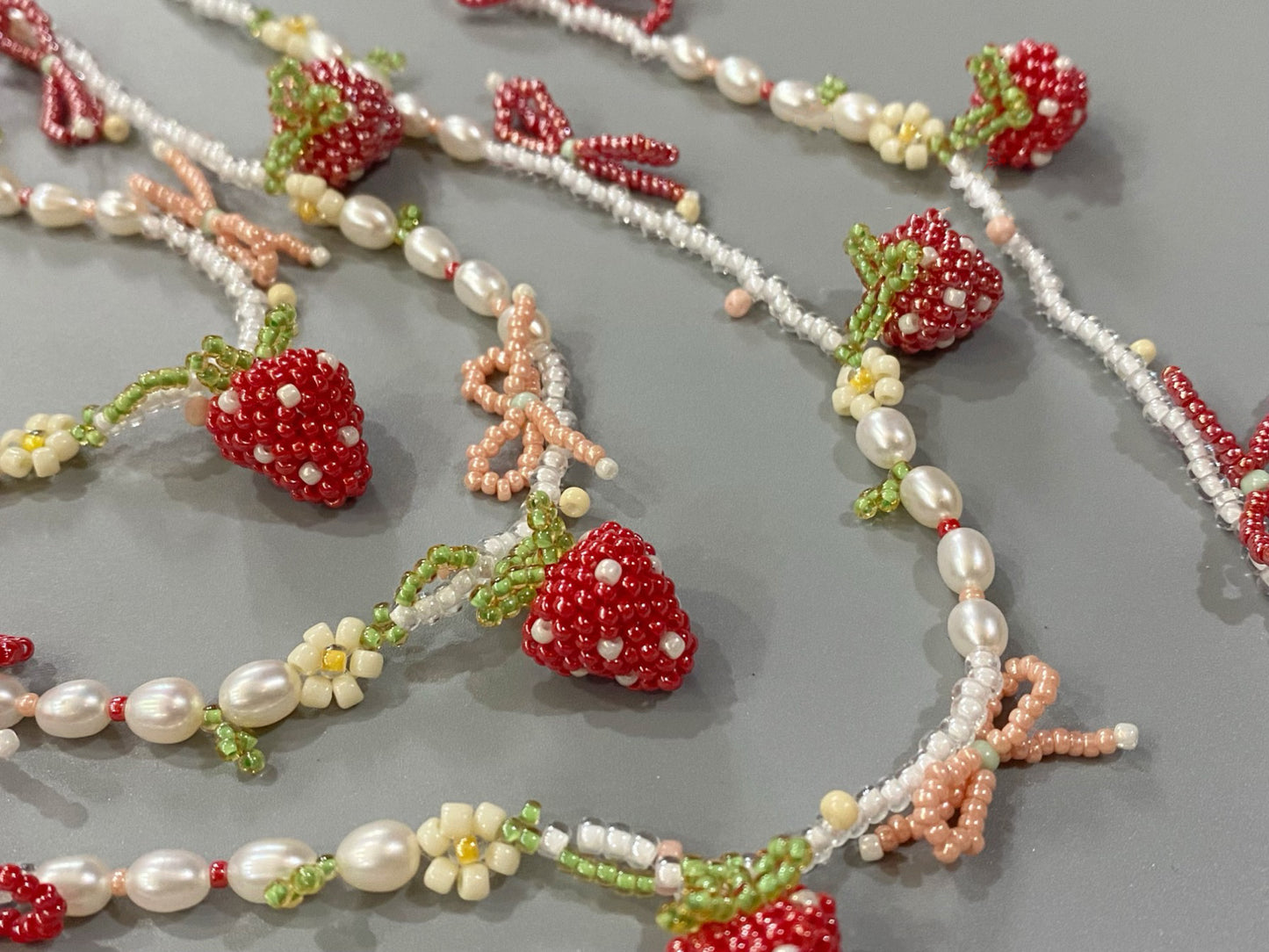 Handmade Original Pearl and Strawberry Beaded Necklace - Summer Jewelry