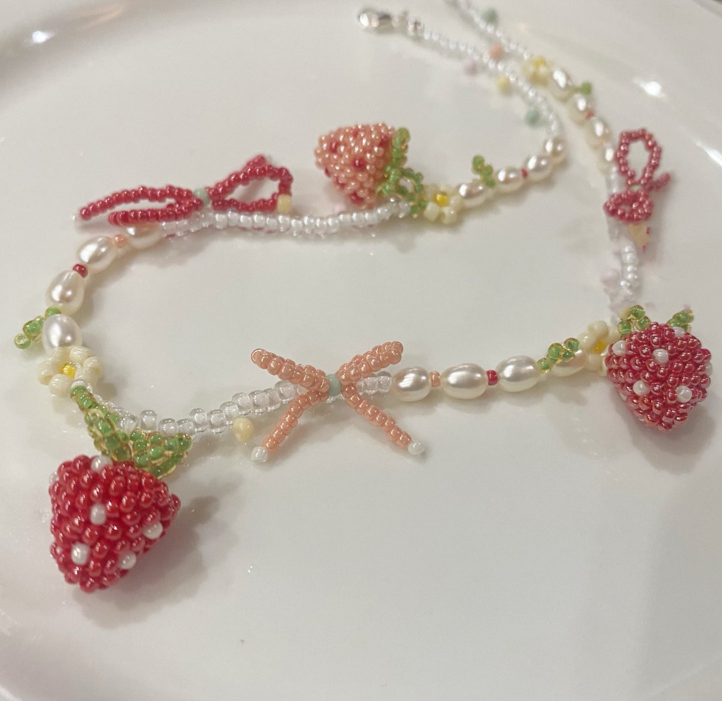 Handmade Original Pearl and Strawberry Beaded Necklace - Summer Jewelry