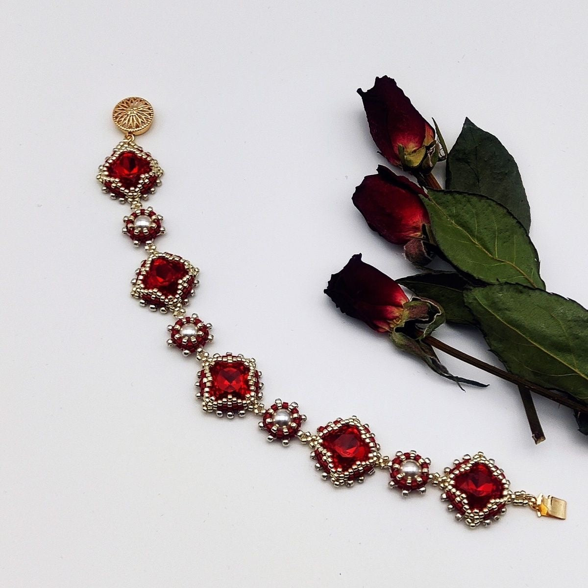 Luxurious Red Rhinestone  Seed Bead Bracelet Handmade