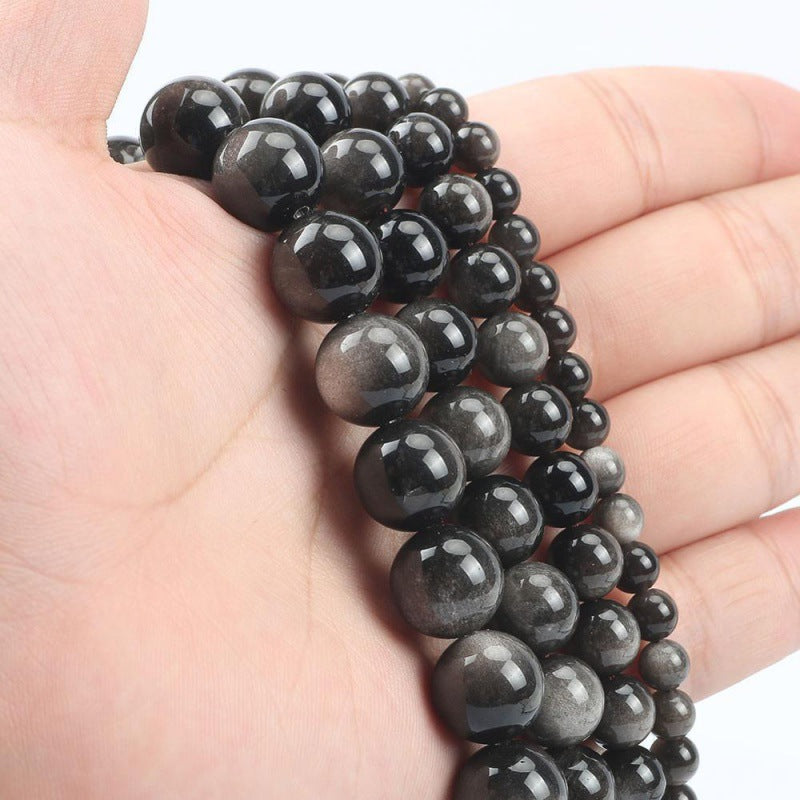 Natural Silver Black Obsidian Round Beads for Custom Jewelry Making