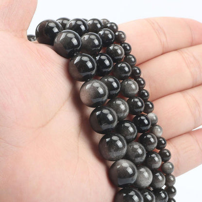 Natural Silver Black Obsidian Round Beads for Custom Jewelry Making