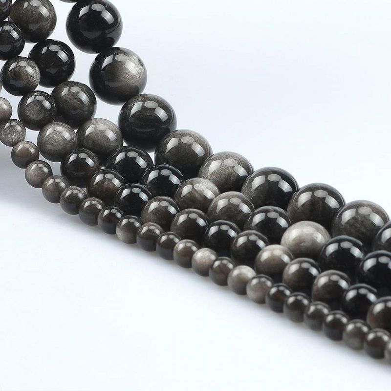 Natural Silver Black Obsidian Round Beads for Custom Jewelry Making