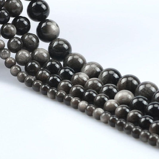 Natural Silver Black Obsidian Round Beads for Custom Jewelry Making