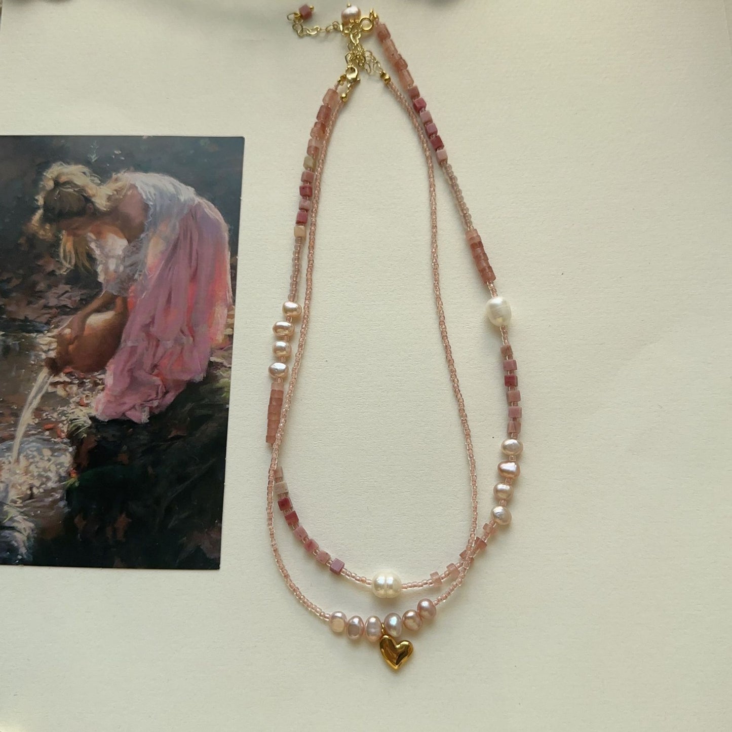 Conjunto de collar de cuentas de piedra natural y perlas hechas a mano de color rosa