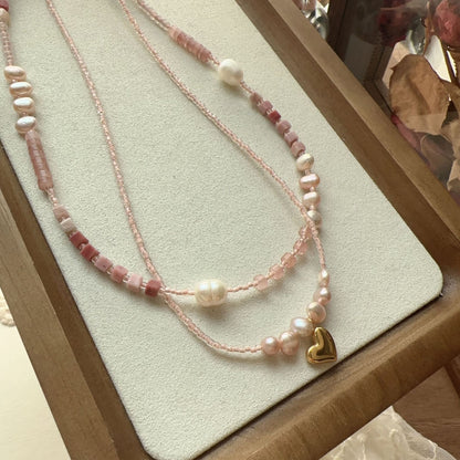 Conjunto de collar de cuentas de piedra natural y perlas hechas a mano de color rosa