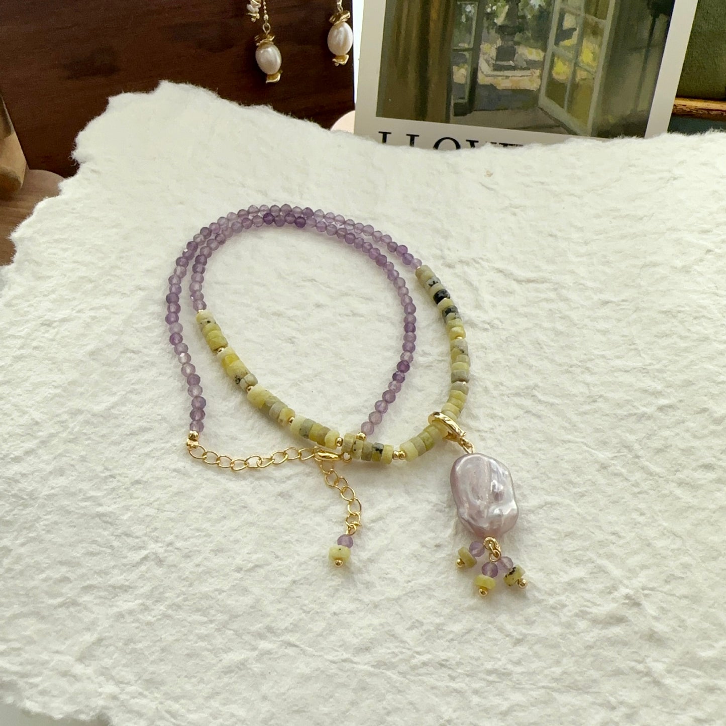 Natural Stone Pearl Handmade Jewelry Beaded Necklace Purple & Yellow