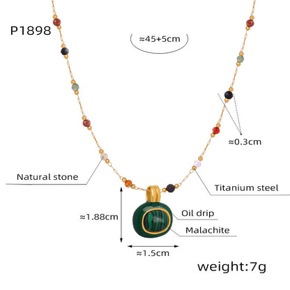 Natural Stone Clavicle Necklace for Women - 18K Gold Plated Titanium Steel Enamel Malachite Necklace