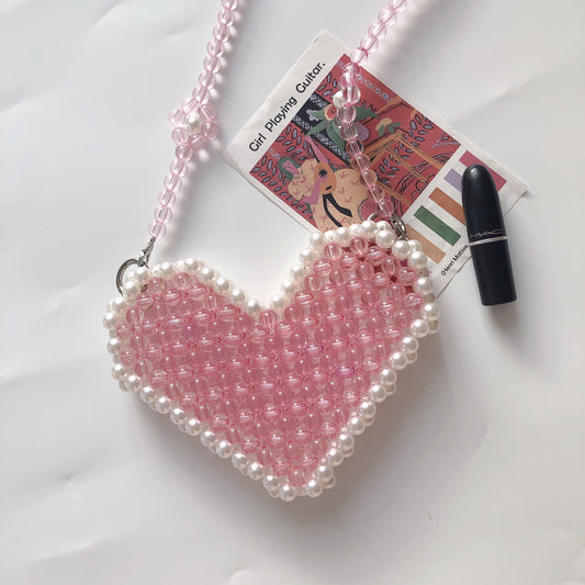 Pink Heart Beaded Handmade Shoulder Bag Crossbody Bag